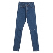 Plain Busted Knees Fitted Pockets Pencil Jeans