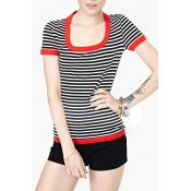 Mono Striped Round Neck Short Sleeve Top in Contrast Trim