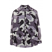 Letter Camouflage Print Long Sleeve Chiffon Top with Dip Hem