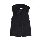 Black Hooded Sleeveless Pockets Zipper Vest