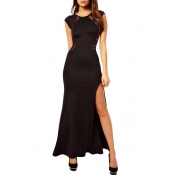 Side-split Black Lace Detail Maxi Dress with Zipper Back