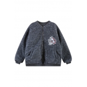 Dog Head Embroidered Lamb Wool Baseball Jacket with Zipper Fly