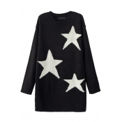 Stars Jacquard Round Neck Long Sleeve Tunic Sweater