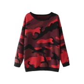 Red Camouflage Pattern Long Sleeve Sweater with Round Neckline