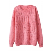 Plain Cable and Diamond Knitting Long Sleeve Sweater with Round Neckline