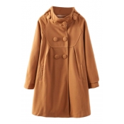 Midi Plain Unique High Collar Loose Wool Coat with Double-Breasted