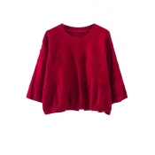 Heart Pattern 3/4 Sleeve Cropped Sweater with Round Neckline