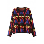 Colorful Geometric Jacquard Round Neck Sweater