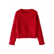 Plain Chunky Knit and 3D Pedal Applique Long Sleeve Cropped Sweater with Draped Hem
