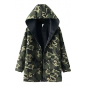 Camouflage Print Hooded Open Front Pockets Long Sleeve Woolen Coat