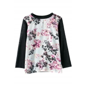 Flower Print Panel Knitted Long Sleeve Sweater with Round Neckline