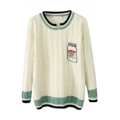 Bottle Embroider V-Neck Cable Knit Round Neck Sweater