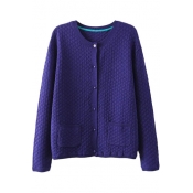 Plain Diamond Knitting Long Sleeve Button Fly Cardigan with Round Neckline and Double Pockets Front