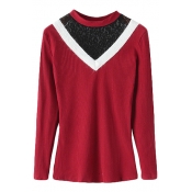 Fitted Lace Insert Collared Elastic Long Sleeve Sweater