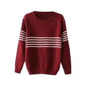 Stripe Plaid Jacquard Round Neck Long Sleeve Sweater