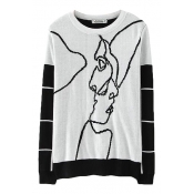 Abstract Character Jacquard Round Neck Stripe Sleeve Sweater
