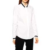 Contrast Black Point Collar Long Sleeve Shirt with Curved Hem