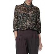 Camouflage Print Lapel Button Front Long Sleeve Blouse