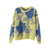 Floral Jacquard Round Neck Long Sleeve Sweater