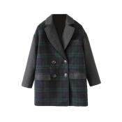 Color Block Varsity Style Double-Breasted Plaid Pattern Wool Coat with Notched Lapel
