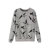 Fly Bird Gray Round Neck Long Sleeve Sweatshirt