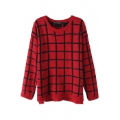 Gingham Pattern Long Sleeve Sweater with Round Neckline and High-low Hem