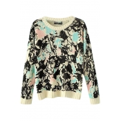 Ink Wash Painting Flower Pattern Long Sleeve Sweater with Round Neckline