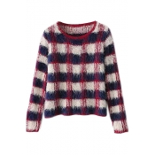 Classic Plaid Round Neck Long Sleeve Mohair Sweater