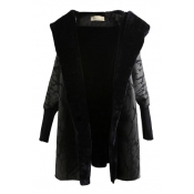 Black Camouflage Hooded Ribbed Cuff Open Front Coat