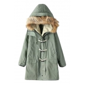 Hunter Green Horn Button Loose Cotton Coat with Fluffy Trim Hood