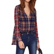 Red Plaid Print V-Neck Long Sleeve Shirt with Collarless