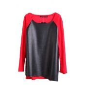 PU Panel Long Sleeve Cotton Blends Sweater with Round Neckline