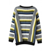 Multi Color Block Long Sleeve Loose Sweater with Round Neckline