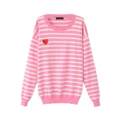 Stripe Heart Print Round Neck Long Sleeve Sweater