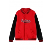 Classic Contrast Stripe and Letter Embroidered Baseball Jacket with Button Fly