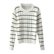 Stripe Jacquard Collared Long Sleeve Elastic Sweater