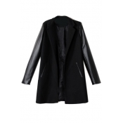 Black PU Insert Lapel-Collar Open-Front Pockets Woolen Coat