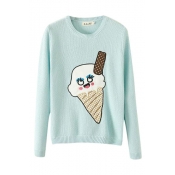 Cartoon Ice Cream Applique Long Sleeve Sweater with Round Neckline