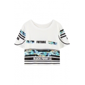Shark&Stripe&Letter Print Trendy Short Sleeve T-shirt