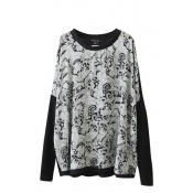 Gray Baroque Pattern Long Sleeve Sweater with Round Neckline