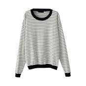 Stripe Round Neck Heart Print Long Sleeve Sweater