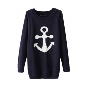 Anchor Jacquard Raglan Sleeve Round Neck Tunic Sweater