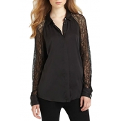 Lace Panel Sleeve Black Chiffon Shirt
