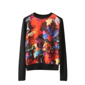 Oil Painting Style Knitted Long Sleeve Sweater with Round Neckline
