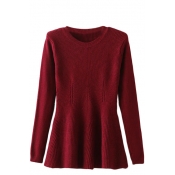 Plain Round Neck Long Sleeve Knitted Sweater with Ruffle Hem