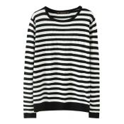 Stripe Print Round Neck Long Sleeve Fitted Sweater