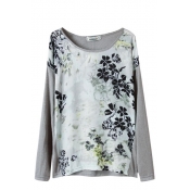 Green Plant Print Round Neck Long Sleeve Knitted Sweater