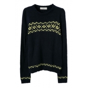 National Geometric Pattern Round Neck Fitted Sweater