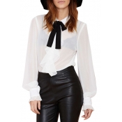 Sheer Puff Sleeve Shirt Embellished with Bow-Tie and Ruffle