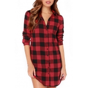Red-Black Plaid Print Tunic Fitted Long Sleeve Dress